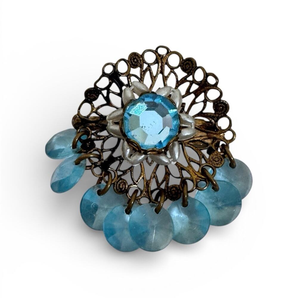 Vintage Bronze Tone Scrolled Metal Teal Blue Brooch Womens Estate Jewelry Pin